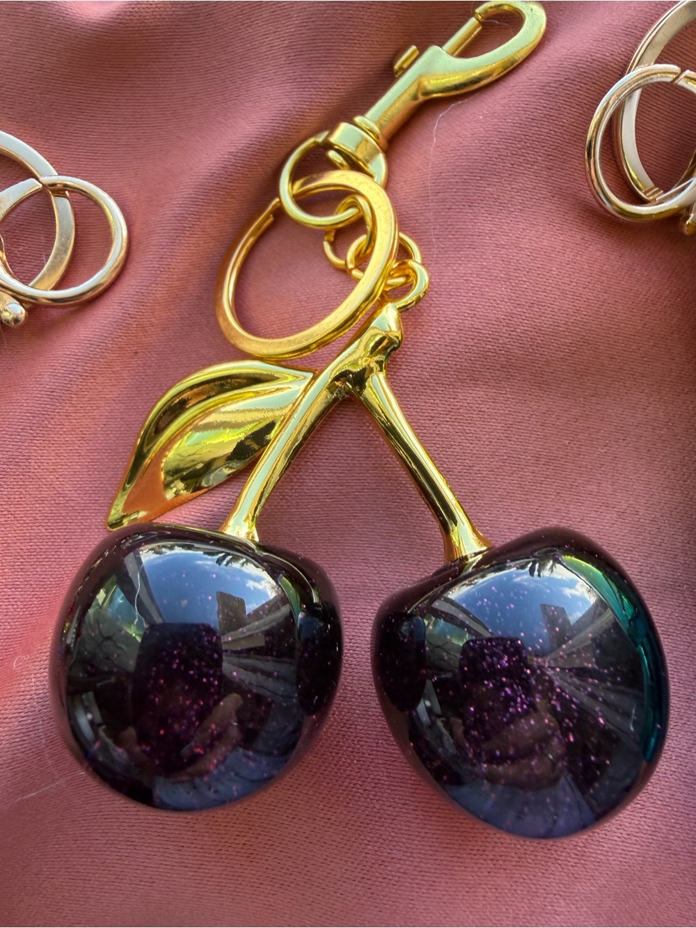 Gold Cherry Keychain Pendant with Dark Purple Glitter Cherries - Women Jewelry